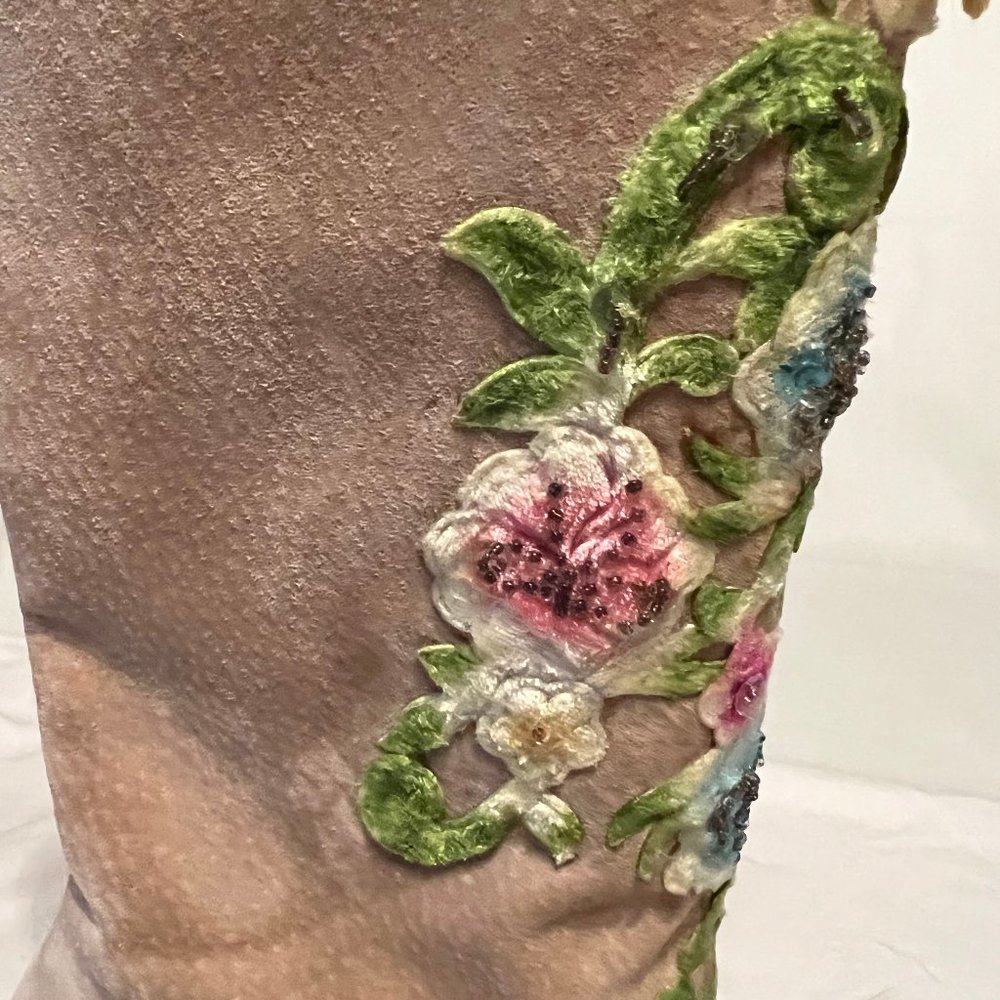 NewPort News Easy Style Tan Suede Upcycled Embroidered Knee Boots - Picture 11 of 13